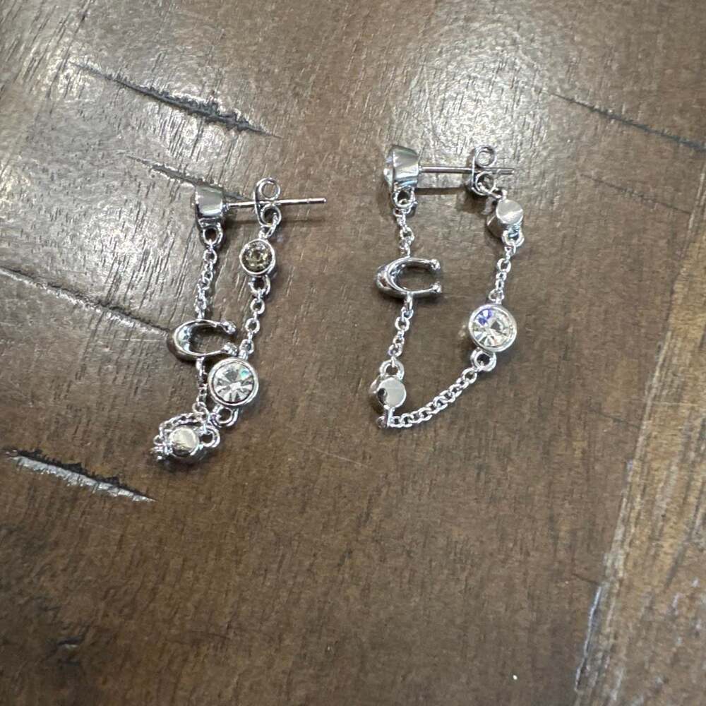 Coach Silver Tone Chain Drop Earrings with Signature Logo Charms
